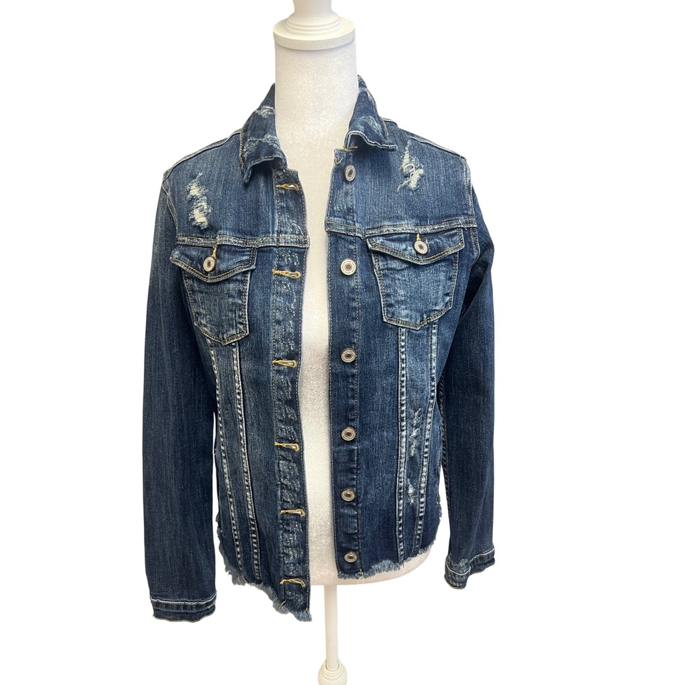 KanCan Distressed Denim Jacket Sz S Dark Wash Frayed Hem Edgy Streetwear Trucker
